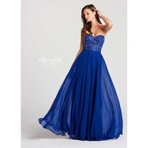 NWT Ellie Wilde Royal Blue Strapless Prom Dress Full Length Beaded Ballgown 16